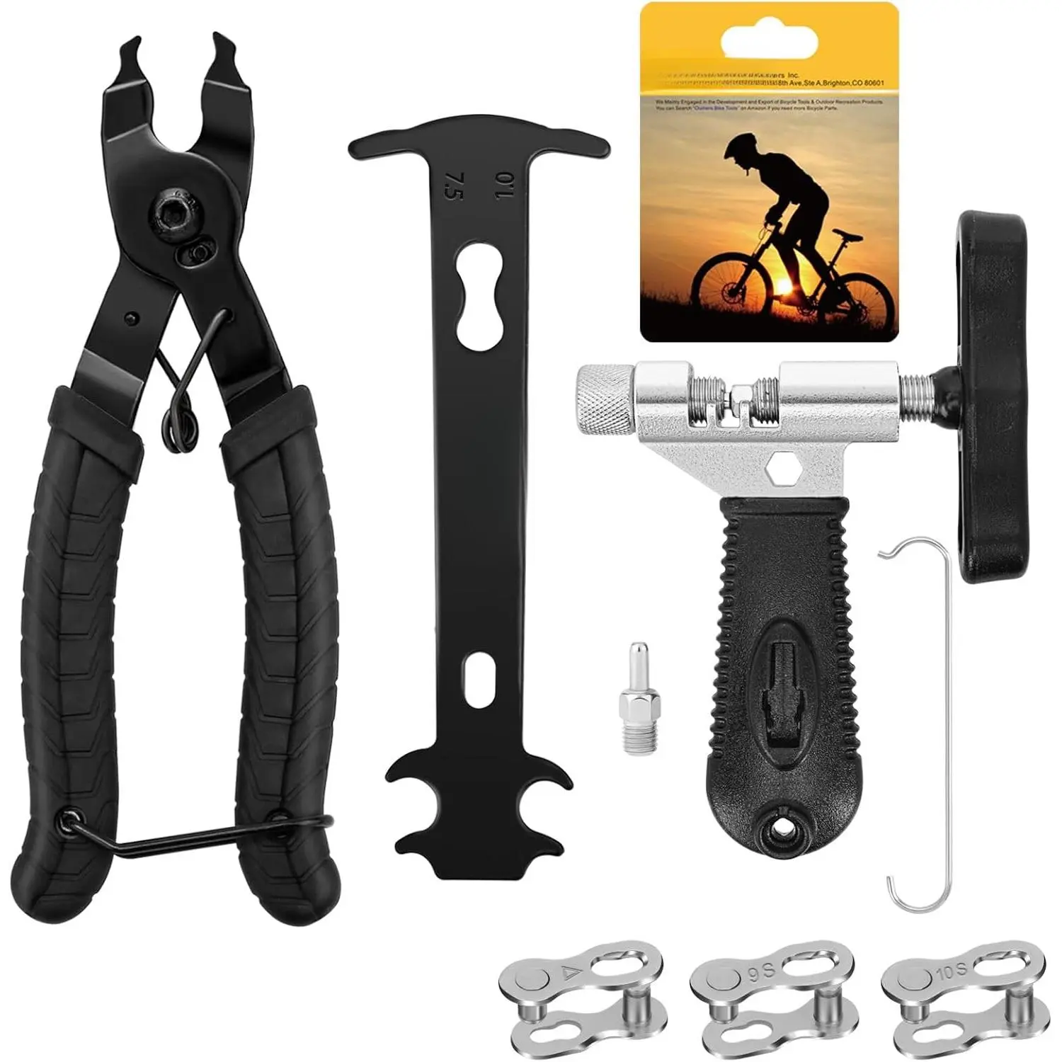 Bicycle chain repair tool set, bicycle chain remover, main chain pliers, bicycle wear detector, disassembly pliers