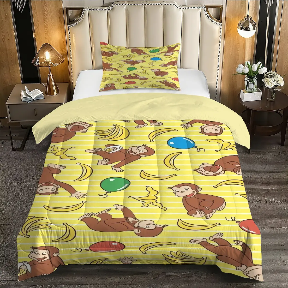 2/3pcs Banana And Colorful Balloon Print Bedding Set, Adorable Cartoon Monkey Print Quilt Set, Soft And Fluffy Quilted Quilt And 1/2 Unfilled Pillowcase, Lightweight And Breathable, Suitable For Child And Teen  Bedrooms, All Seasons, Machine Washable.