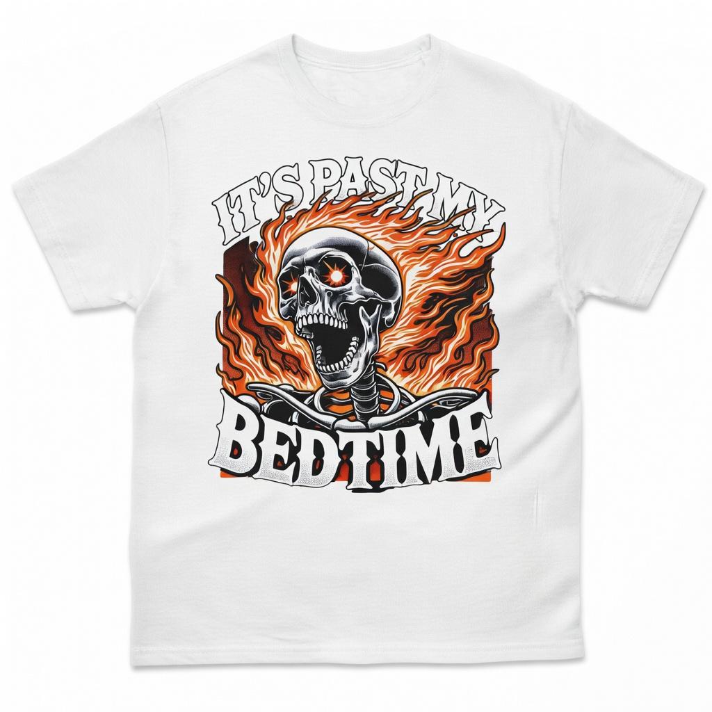 It's Past My Bedtime T-Shirt, Funny Skeleton Meme Flames Graphic Tee, Ironic Tired Humor Short Sleeve Apparel, Aesthetic Embarrassing & Stupid Meme Gift Fashion Top, Viral Trendy Sarcastic Statement Streetwear Shirt