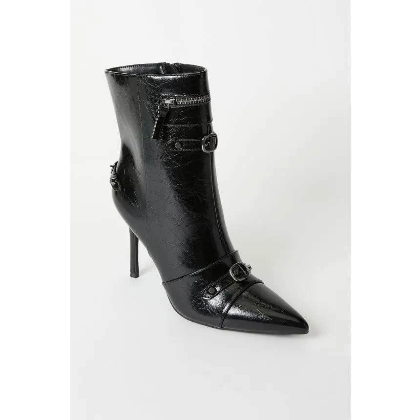 JUST FAB Women's Crackle Eco Leather Stiletto Ankle Boots, 4.25" High Heel Pointed Toe Booties with Multi Buckle Straps & Side Zipper for Club, Date Night & Party【Wide Feet PLS SIZE UP 】