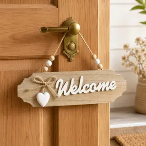 Rustic Wooden Welcome Sign for Front Door, Hanging Wall Plaque with Letters, Hemp Bowknot and Heart Decor, Vintage Home Décor