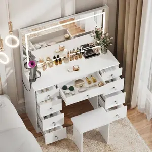 Women's 43" LED Lighted Mirror Vanity Desk Set with Glass Top, 3 Color Adjustable Lights, Stool, Power Outlet, 9 Storage Drawers, Bedroom Makeup Vanity Furniture