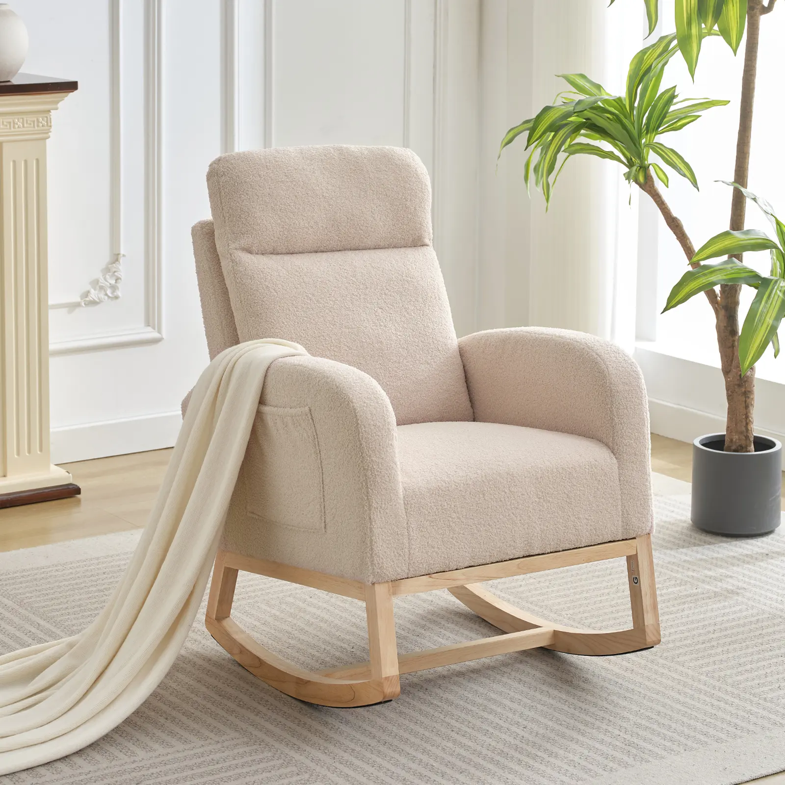 Modern High Back Teddy Fleece Rocking Chair Only, Comfort Glider Chair with Padded Armrests & Side Pockets, Sturdy Wood Legs, Upholstered Accent Chair for Home & Commercial Use, Beige
