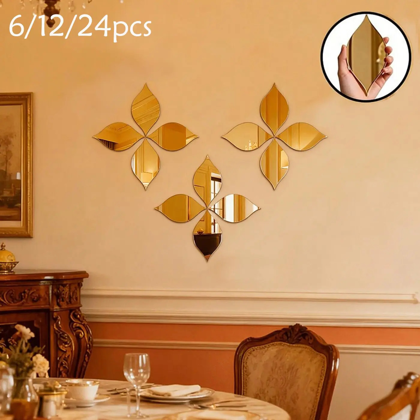 24/12/6pcs Gold/Silver Geometric Shaped Mirror Wall Stickers,  Petal Shape Shatterproof Acrylic Soft Mirror, Wall Decor, Self-Adhesive For Home, Bedroom, Bathroom, Living Room, Decorative Wall Sticker