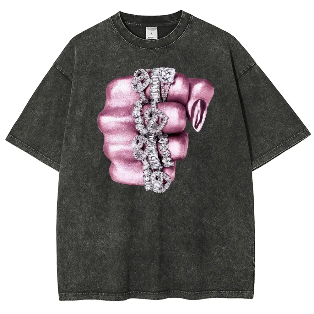 Unisex Pink metallic manicure fist covered with rhinestones with LOVE Graphict Washed T-Shirt Personalized Pattern Y2k Clothing Round Neck Washed T-Shirt,Women's Clothing 100% Cotton, Menswear, Top, Vintage Style,Summer Casual Oversized