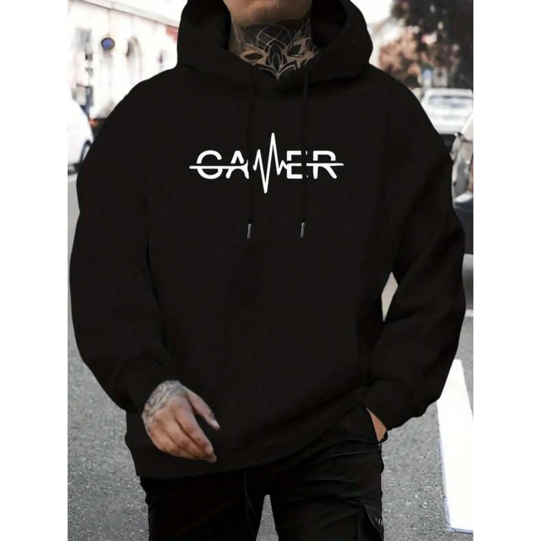 Gamer Heartbeat Graphic Hoodie, Video Game Lover Cotton Hooded Sweatshirt Unisex Gift For Gamers Men Women fall outfits