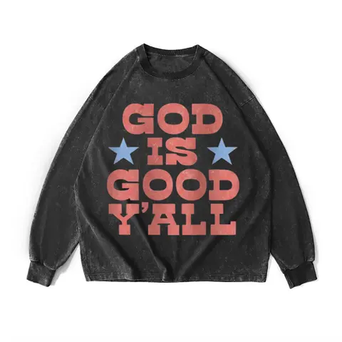 Women's Oversized Vintage Washed Cotton Sweatshirt - Soft, Loose Round Neck, Full Length Longsleeves, Christian Faith "God Is Good Y'all" Graphic Vibe Clothes, Casual 1-Piece Oversized Tee, Sweatshirts, Pullover Sweatshirt