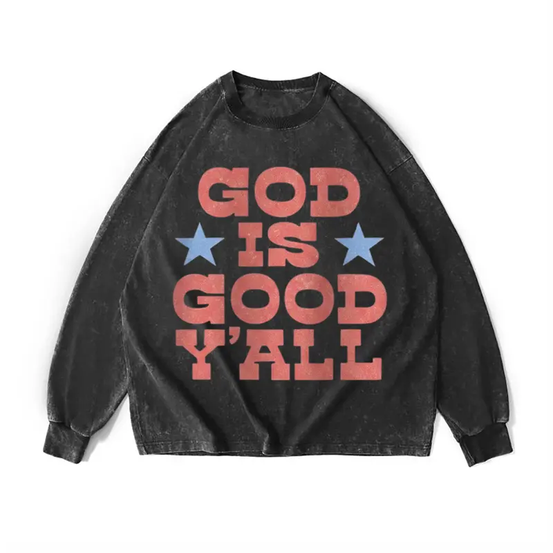 Women's Oversized Vintage Washed Cotton Sweatshirt - Soft, Loose Round Neck, Full Length Longsleeves, Christian Faith "God Is Good Y'all" Graphic Vibe Clothes, Casual 1-Piece Oversized Tee, Sweatshirts, Pullover Sweatshirt