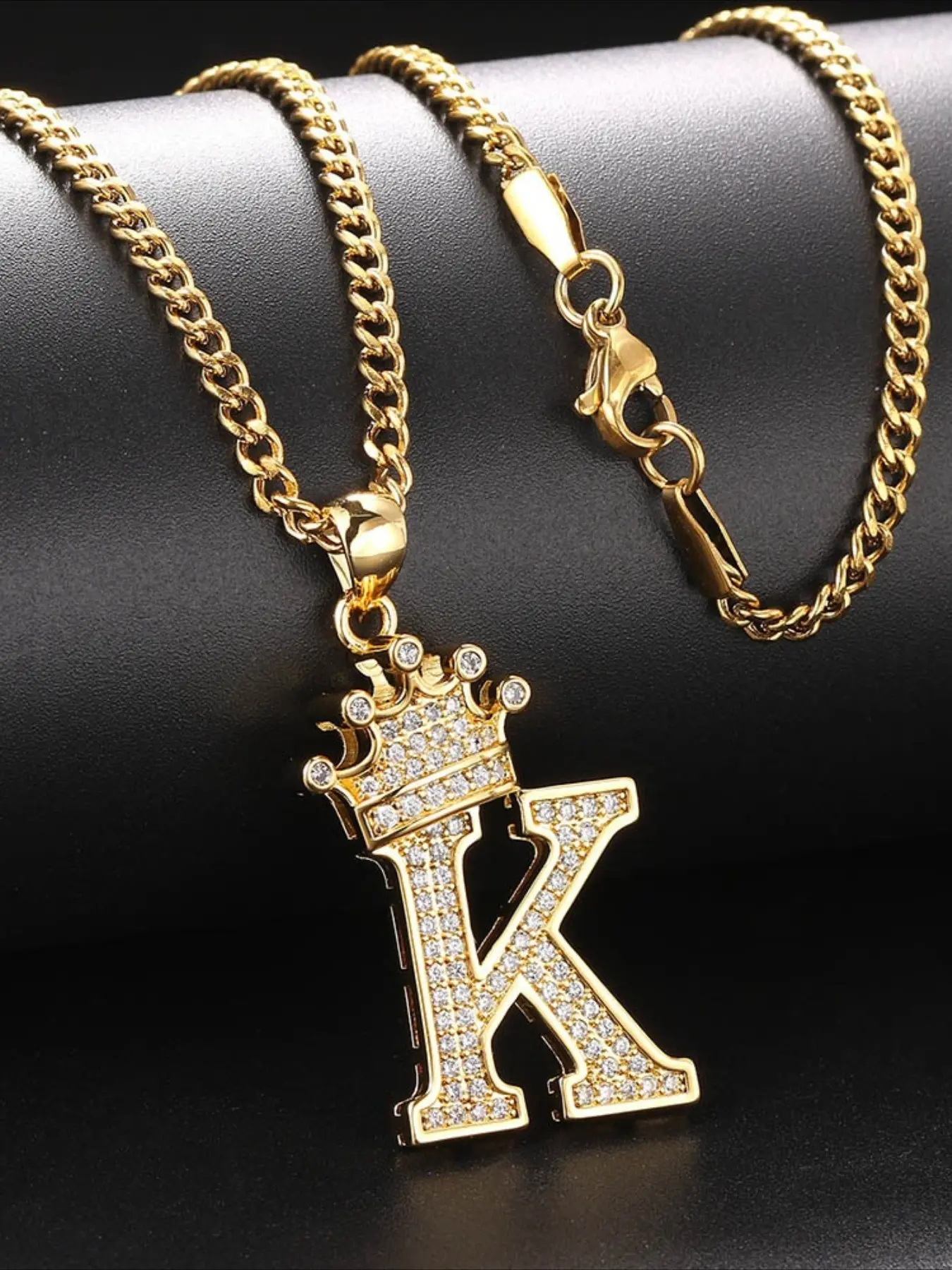 [Golden Crown Pendant] 18K Golden Plated Stainless Steel Crown Pendant Necklace | Men's Retro & Hip-Hop Style Jewelry with Sparkling Cubic Synthetic Zirconia Letter K - Suitable for Daily Wear, Parties, Year-Round Elegance