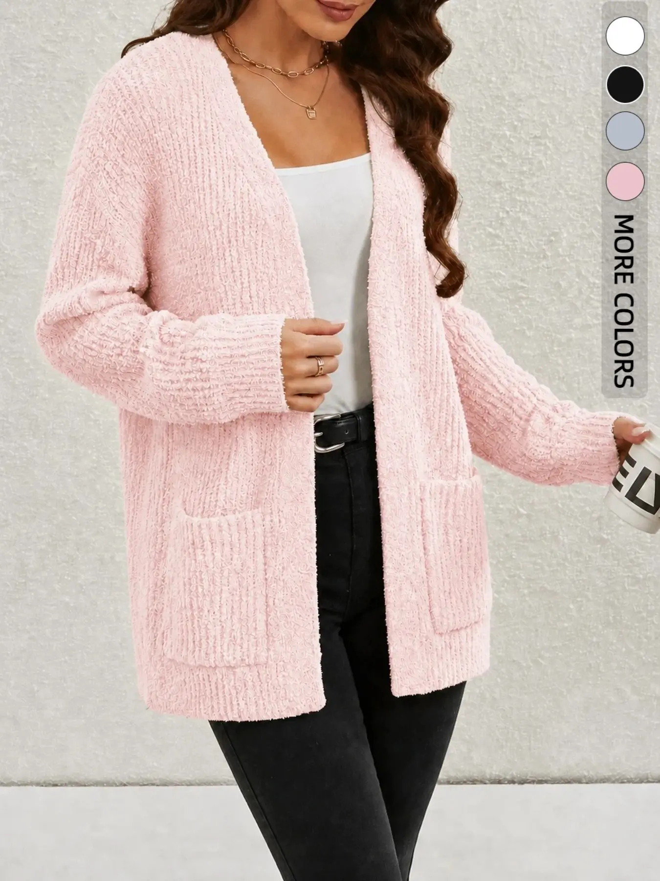 Women's Soft Textured Open Front Knit Jacket, Long Sleeve Loose Fit Casual Style, Dual Pockets Fall Winter Layering Cardigan