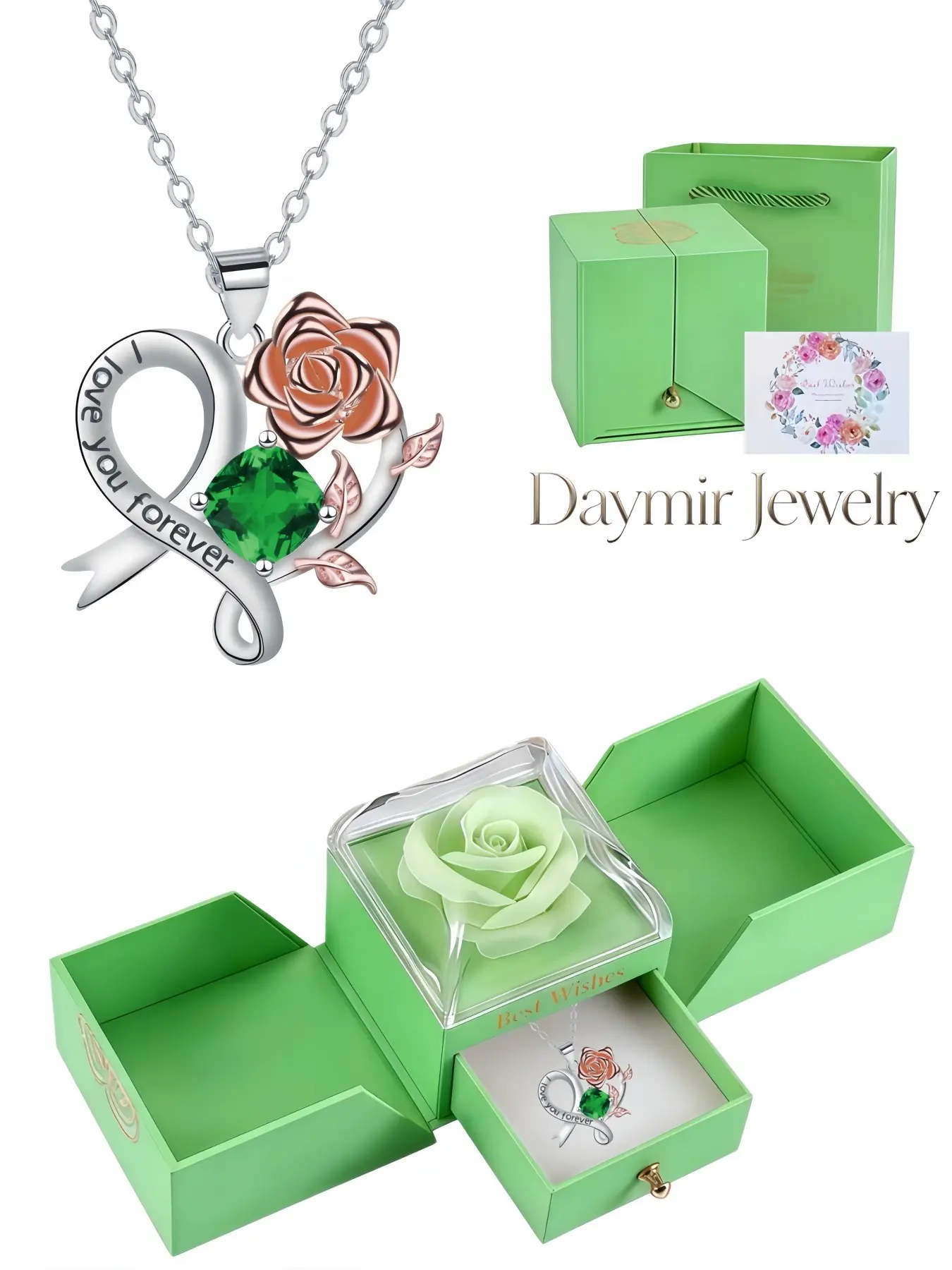 "Rose Vow" high-end gem necklace carved with heart rose patterns, packed in an exquisite double-opening gift box decorated with artificial eternal roses. It is a thoughtful present for dating, Valentine's Day and Christmas for all special occasions.