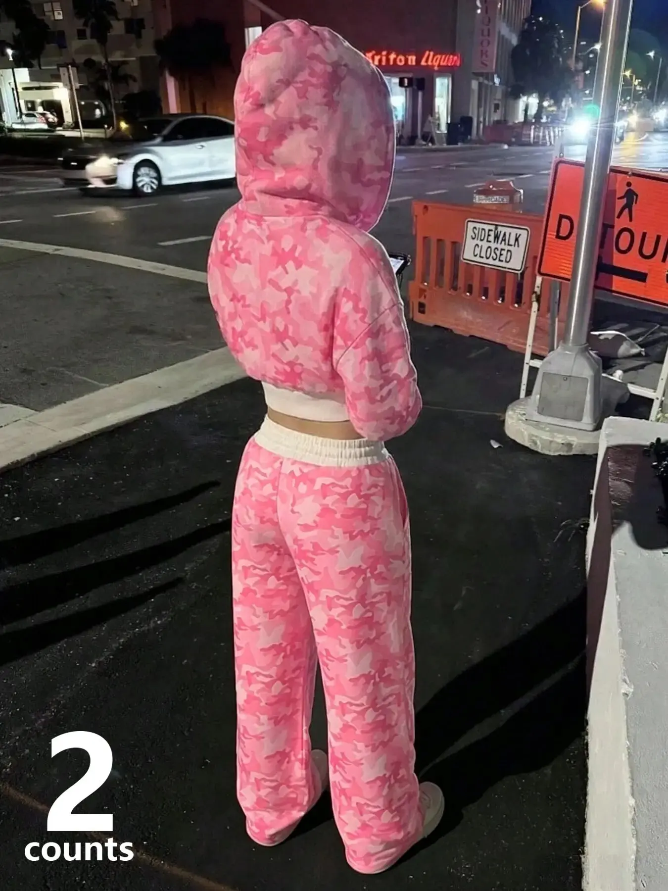 2-Piece Women's Pink Camo Tracksuit Set, Zip-Up Cropped Hoodie Paired With Elastic Waist Wide-Leg Pants, Suitable For Y2K Streetwear, Shopping Trips And Daily Casual Wear