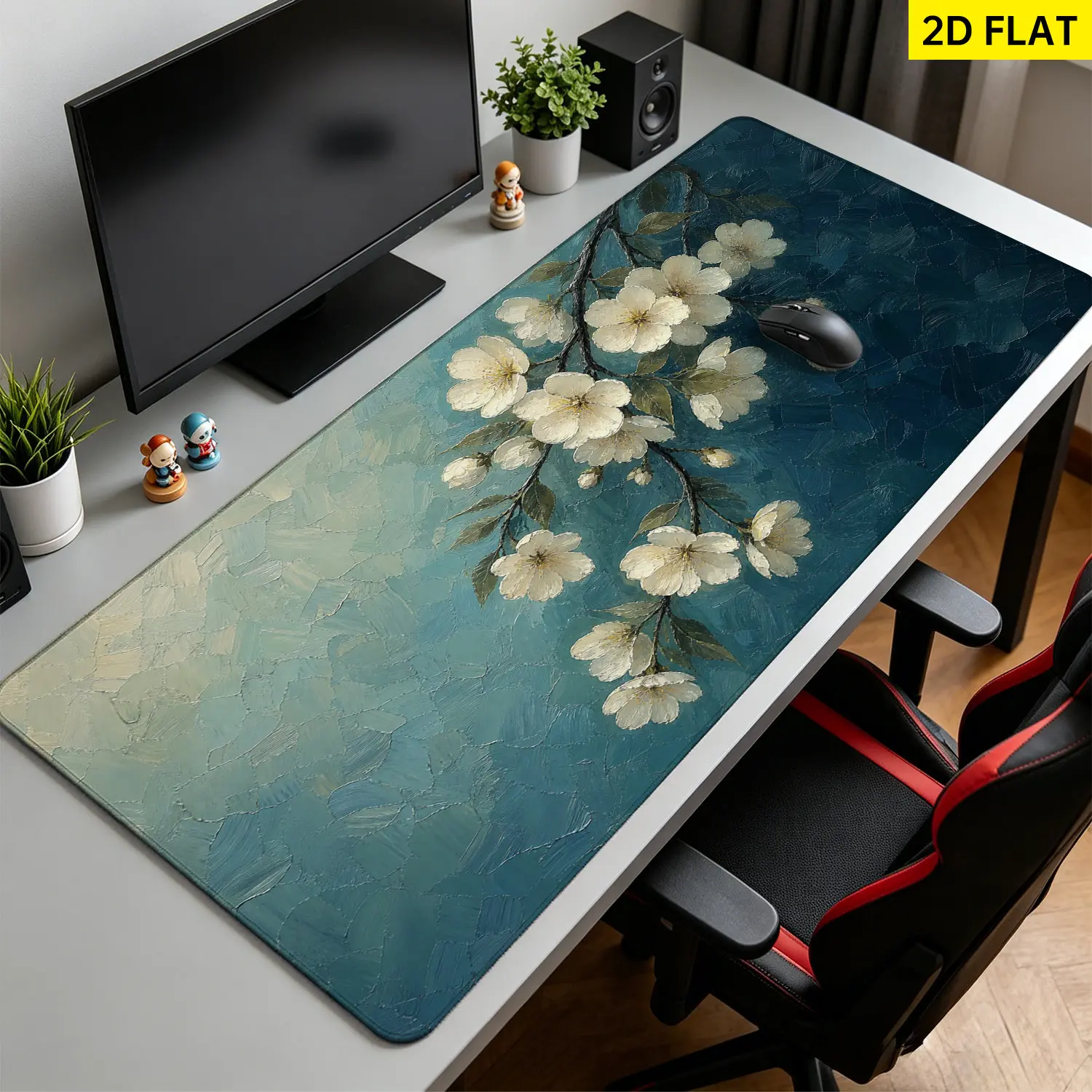 Extra Large white floral oil painting Mouse Pad, Non Slip Rubber Pad, Desktop Decoration Drotection Pad, Washable, Lock Edge Multi Size, Premium Multipurpose Mousepad For Home, Office, Gift for Family and Friends