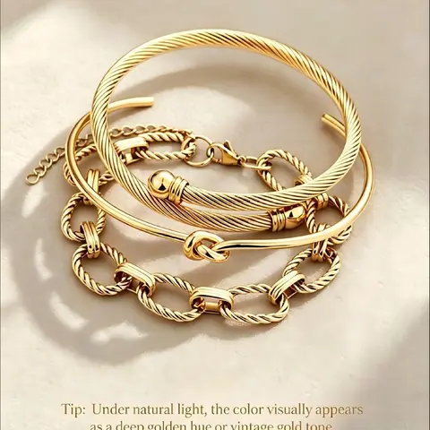 3pcs Stainless Steel Stacking Bangle Bracelet Set For Women, Adjustable Open Design With Twisted Rope & Chain Elements, Luxury European Style, Light Vintage Gold-Tone & Silver Color, Suitable For Daily, Dating, Vacation, Valentine's Day/Christmas Gift
