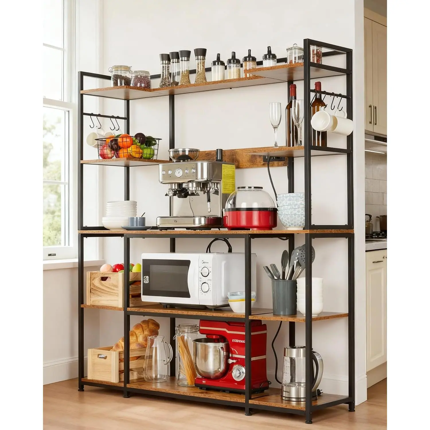 Rustic Brown Wood & Metal Bakers Rack with Power Outlet Only, 4-Tier Kitchen Storage Microwave Stand Coffee Bar Station, Equipped with 6 S Hooks, Multi-Purpose Organizer for Spices and Cookware