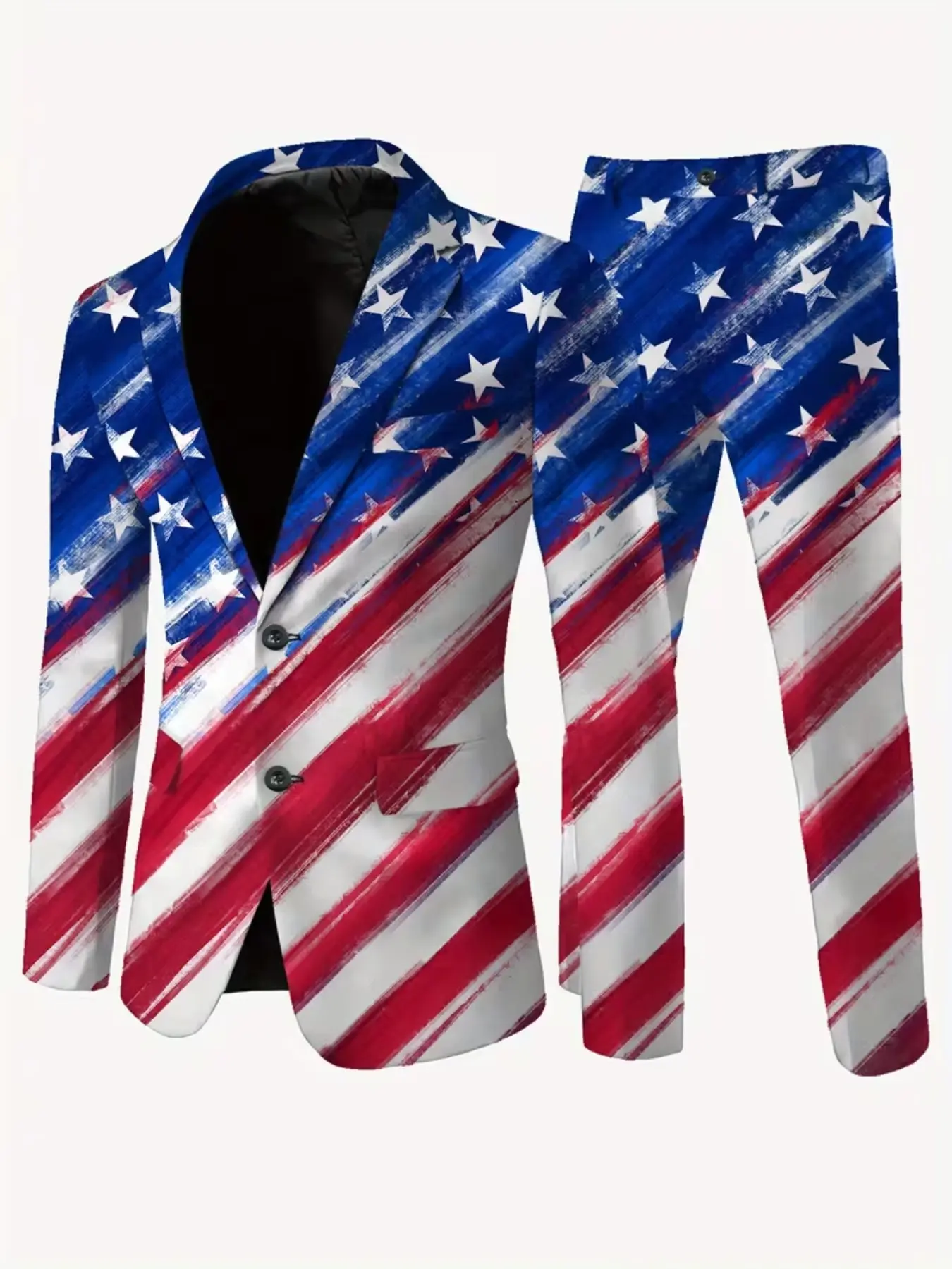 2-Piece Men's Large Size American Flag Vintage Blazer Set, Two-Button Jacket and Matching Pants, Independence Day Party
