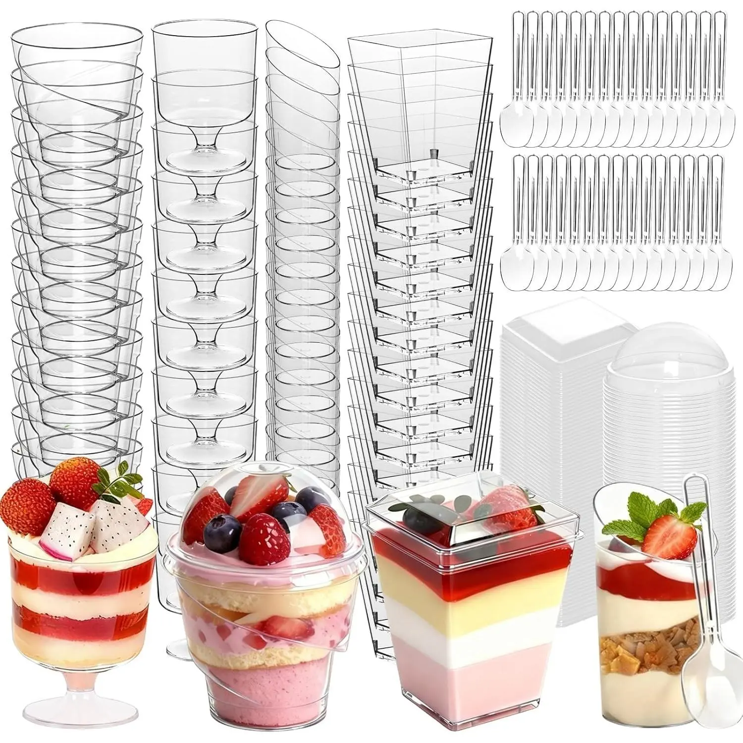 400-Pack 5 oz Dessert Cups with Lids and Spoons, Clear Plastic Parfait Yogurt Cups, Mini Shooter Cups for Party, Ice Cream, Pudding, Fruit, Square Appetizer Storage Containers