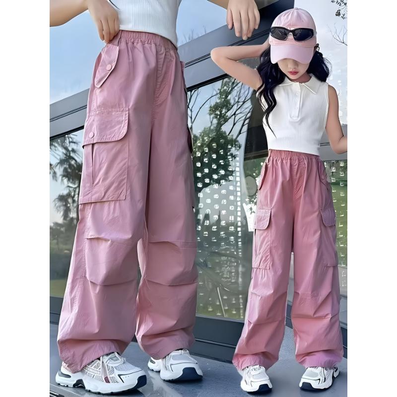 Girls' Red Paratrooper Cargo Pants with Big Pockets - Loose Fit Casual Streetwear for Outdoor Sports & Vacation - Machine Washable Spring Summer Fall Playwear - Perfect Holiday Birthday Gift, Nonstretch Fabric, Perfect for Outdoor