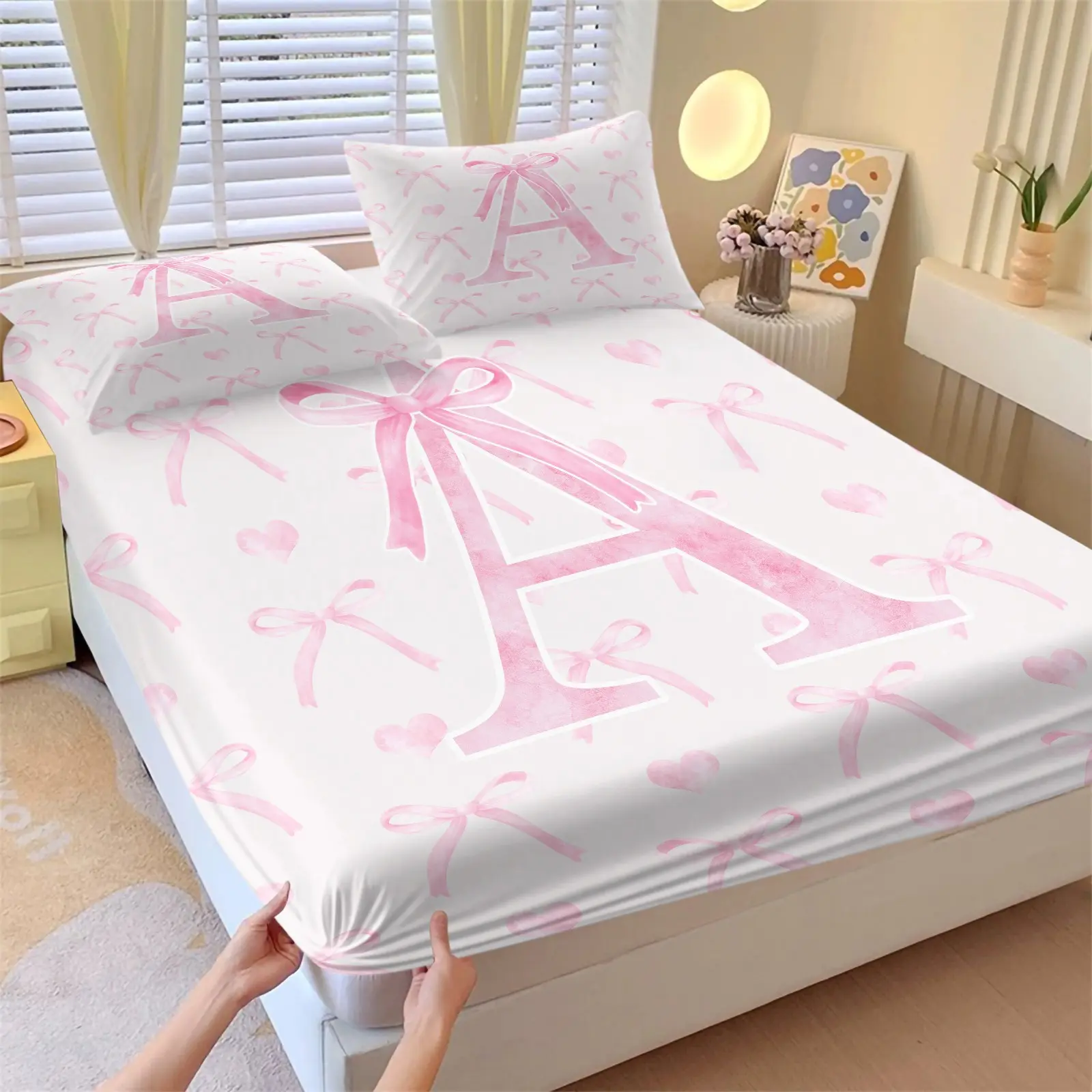 3-Piece Pink Bow Initial Letter A Fitted Sheet Set,1 Fitted Sheet+2 Pillowcases,Soft Cozy Fabric,All Season HD Printed,Deep Pocket Non Slip Mattress Set,Coquette Bow Bedding,Bedsheet Set,Ideal for Girls Bedroom Decor & Personalized Birthday Gift