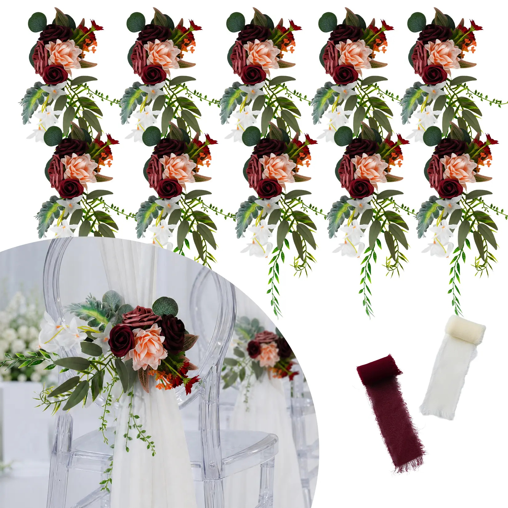 10-Pack Artificial Wedding Pew Flowers - White Roses & Eucalyptus Chair/Aisle Bouquets with Ribbon, Reusable Church Ceremony Bridal Shower Party Decor, 14cm