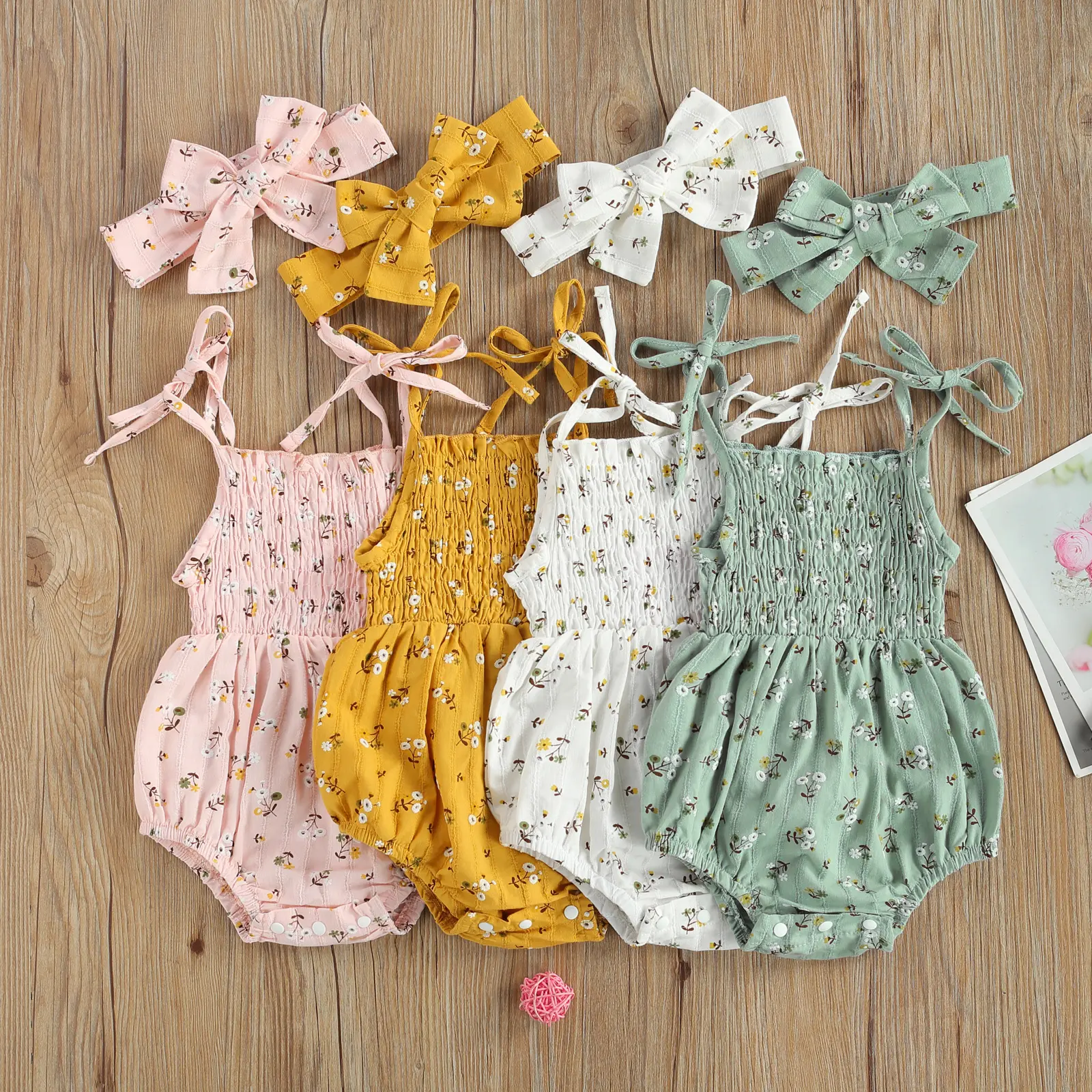 Baby Girl Clothes Rompers Set - Infant Sleeveless 2-Piece Polyester Floral Print Bodysuits and Headband Summer Perfect Daily Wear Outfit, Sleeveless Bodysuits, Shopping, Spaghetti Strap, 0 - 2 Years, 0-6 Months, Knot, 35-41 Cm