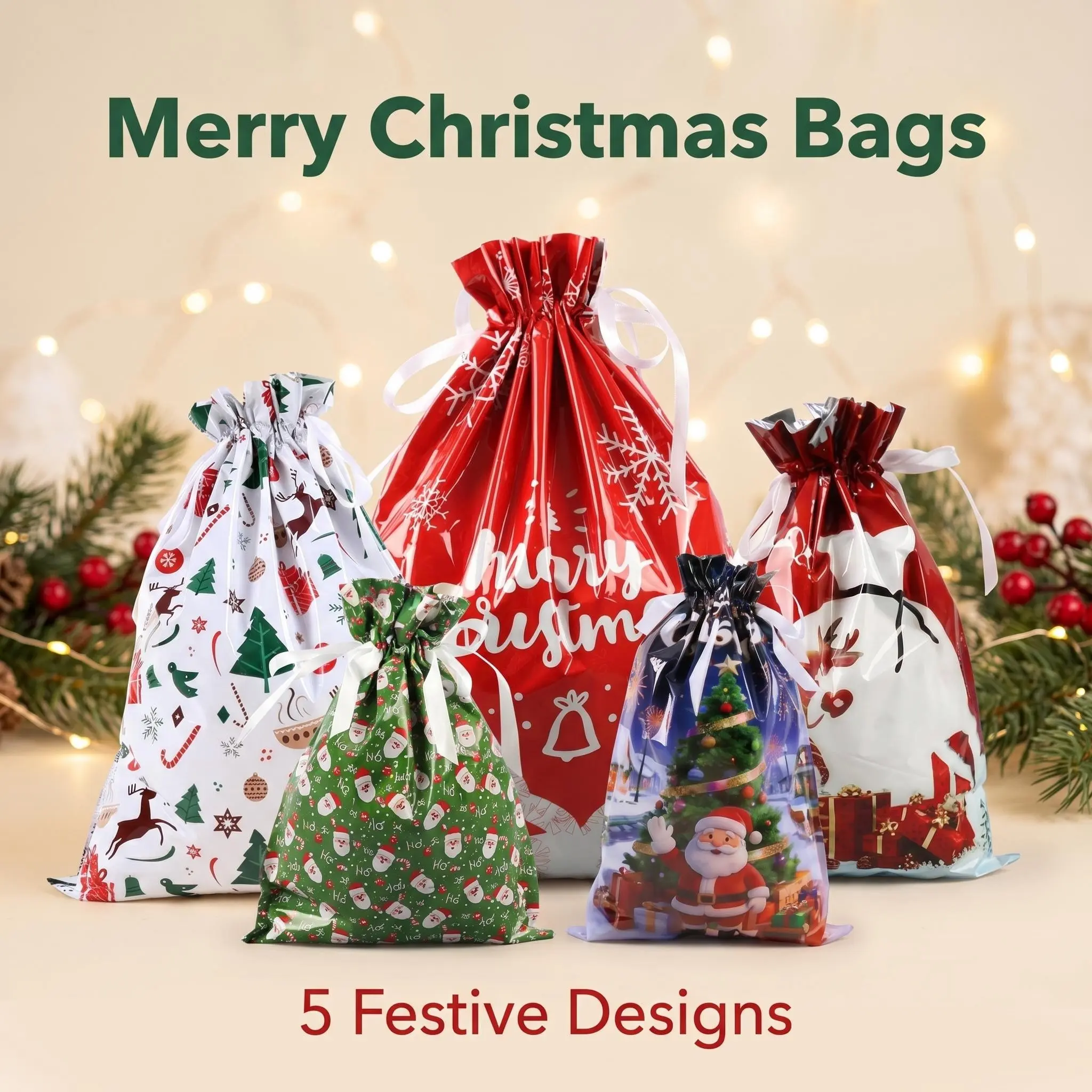 10 Christmas Drawstring Gift Bags, 5 Holiday Prints, Multi-Size Santa Claus Gifts Set, Drawstring Closure Candy Gift Bags
