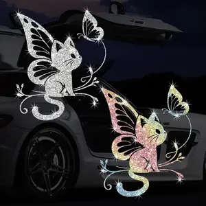 Bling Rhinestone Fairy Cat Car Stickers Glitter Butterfly Wings Kitten Decals Waterproof Auto Exterior Decor Cute Window Bumper Gift for Cat Lovers
