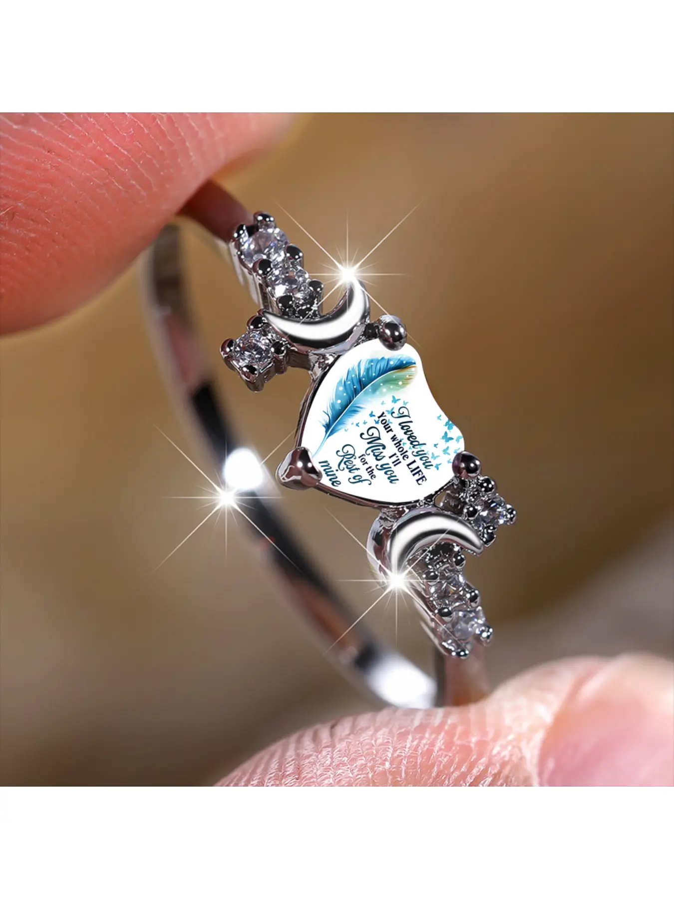 Double Curved Crescent Diamond Feather Commemorative Ring - Heart-shaped Ring with Sentimental Messages - A Unique and Healing Emotional Memorial Gift for Many Occasions - A Hundred Complementary Accessories