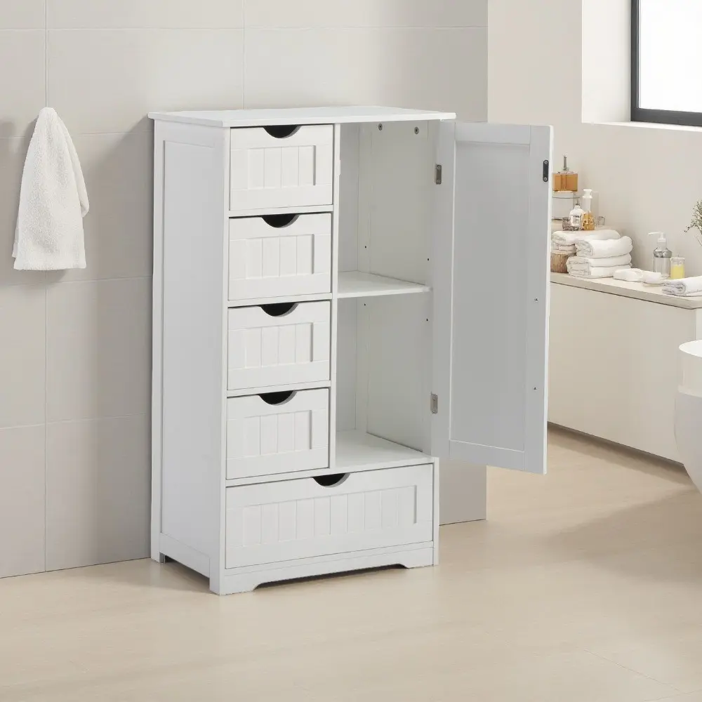 [Storage Cabinet Organizer] Multipurpose Storage Cabinet With 4 Drawers - White Wooden Floor Organizer For Bathroom & Entryway, Freestanding Console Table With Spacious Compartments