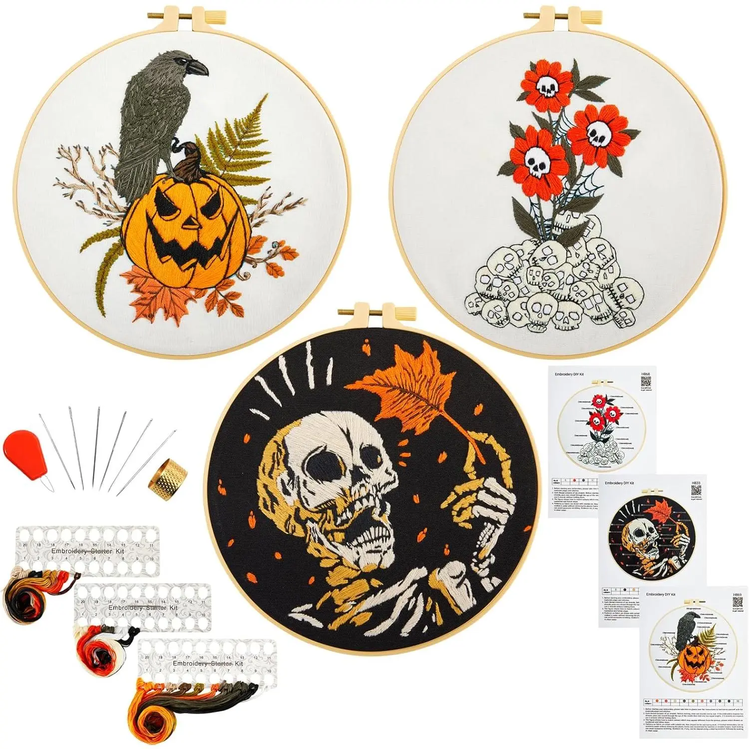 Gothic Halloween Embroidery Starter Kit for Beginners Adults, Stamped   Kit Needlepoint Kit for Beginner Adult, 3 Embroidery Hoop 3 Set Embroidery Supplies (Attached Teaching Video QR Code)