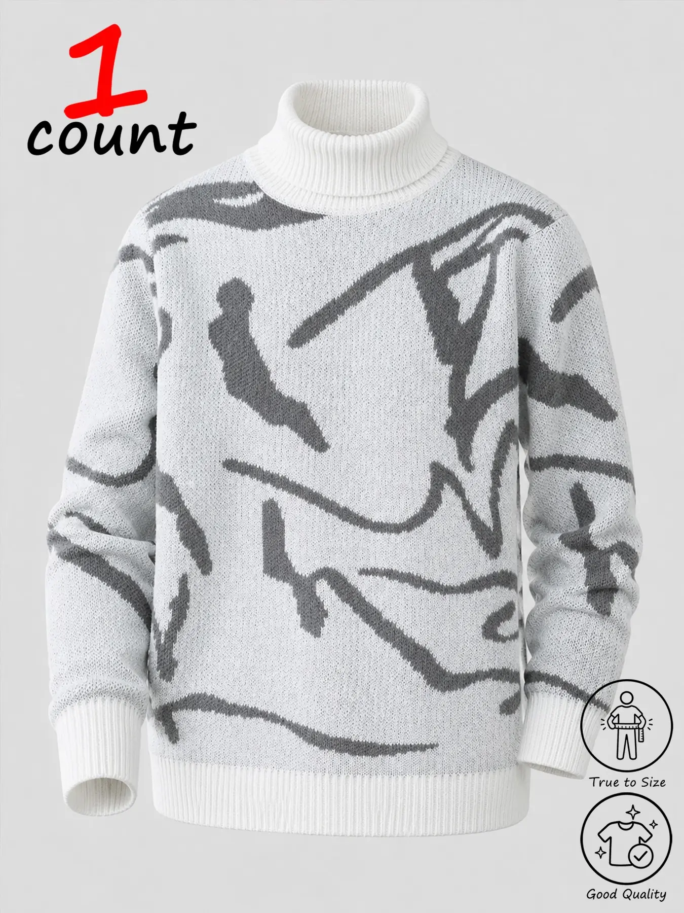 Men's Abstract Graffiti Print Turtleneck Knit Sweater, Long Sleeve High Neck Pullover, Soft Thick Warm Top, Fall Winter