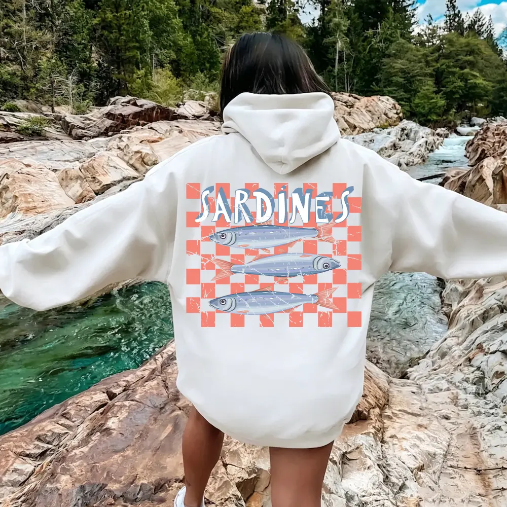 Vintage Sardines Graphic Cotton Hoodie Pink Checkerboard Oversized Sweatshirt With Pocket Preppy Coastal Summer Night Hooded Top