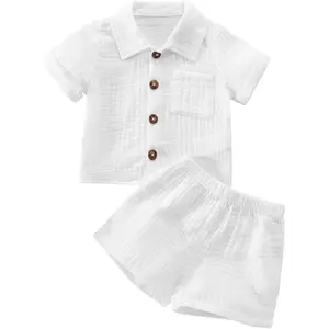 Toddler Baby Boys Clothes Set Button-Down Shirt Tops + Cotton Linen Shorts Summer Outfit 2PCS with Pockets(Gift)