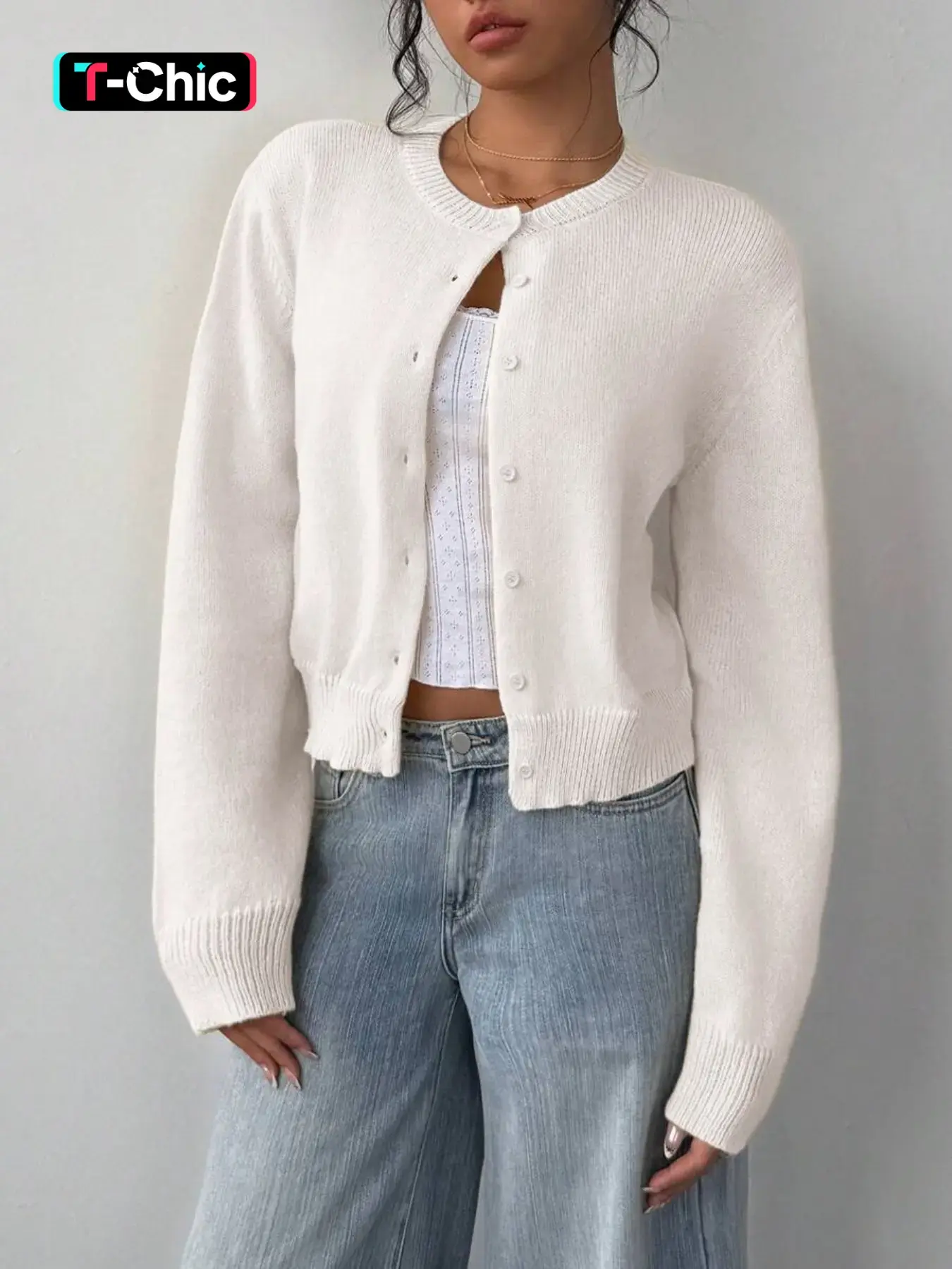 Autumn Casual Plain Round Neck Long Sleeve Loose Short Women's Cardigan Sweater Coat, Button Front, Slim-Fitting, Spring & Fall