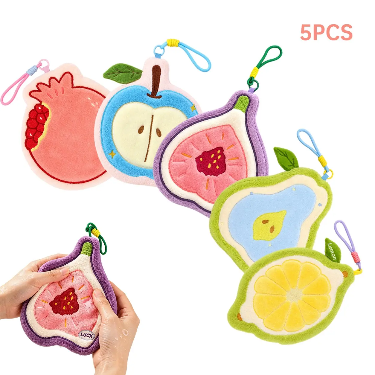 5 Pcs Cute Fruit Shaped Hand Towels, Soft Absorbent Plush Hanging Towel Set, Apple Lemon Fig Pomegranate Pear, Kitchen Bathroom Towels