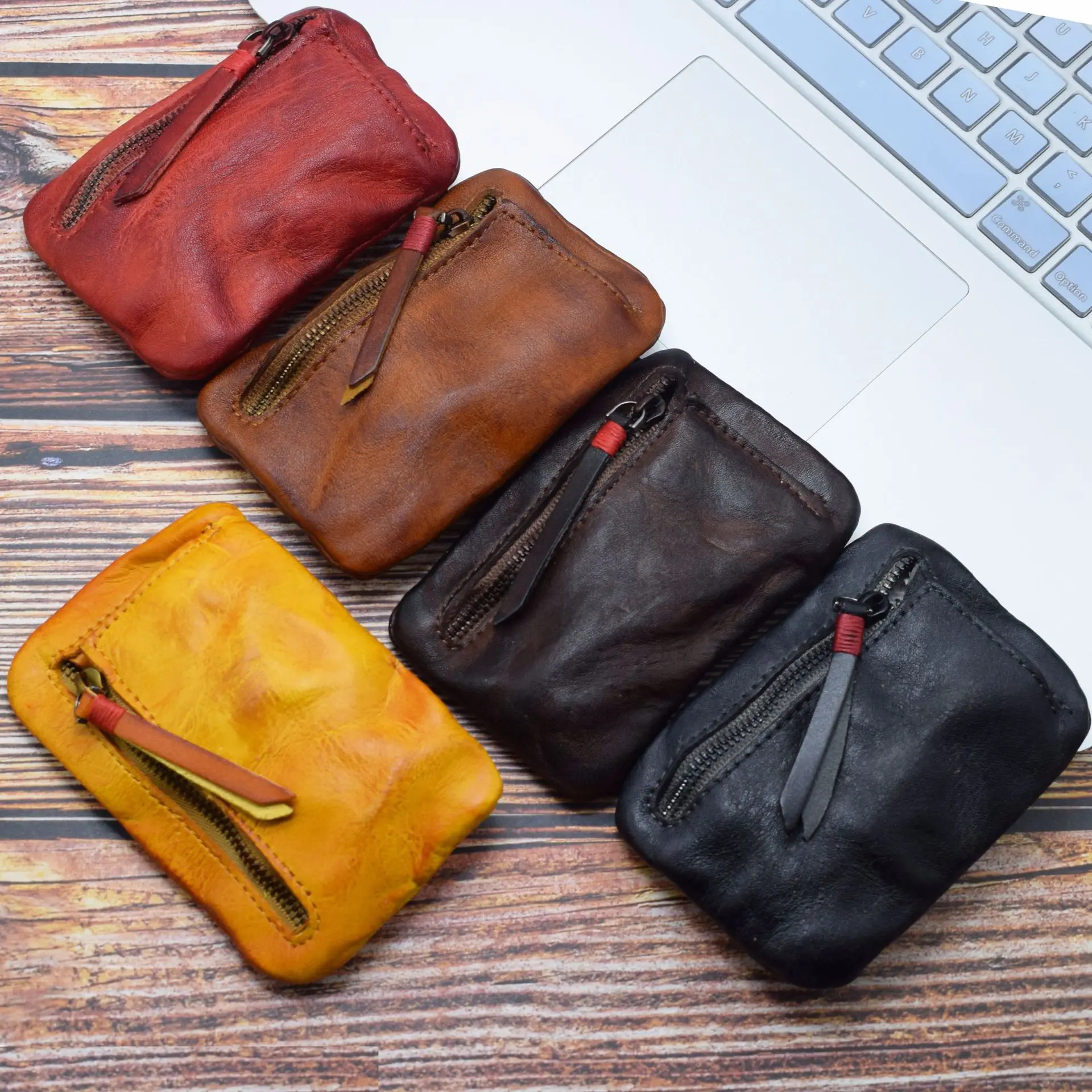 Vegetable Tanned Leather Wallet Handmade Distressed Genuine Leather Mini Card Holder Coin Wallet Purse