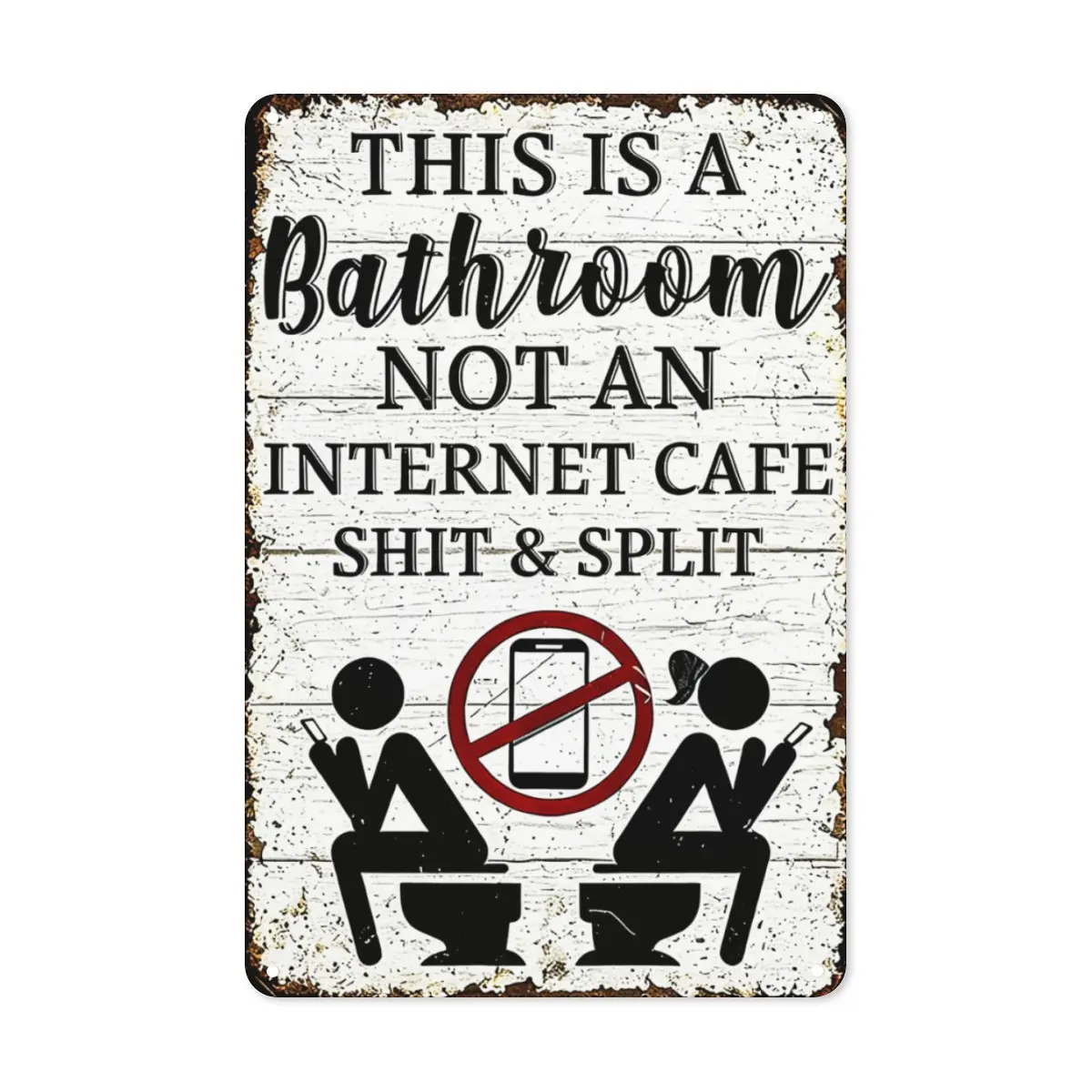Vintage Distressed White Wood Anti-Cellphone Bathroom Rule Metal Tin Sign, 12×8in Funny Waterproof Pre-Drilled Plaque Mount Home Sign, Farmhouse Rustic Decor Gift for Restroom Outdoor Patio, Custom Music Peeking Election Lawn Plaque, Plaque Mount Home Sig