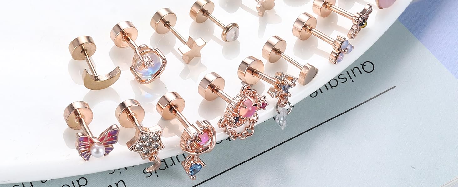 FIASASO 16Pcs Dangle Cartilage Earrings for Women Men Stainless Steel Tragus Stud Earrings 16G and 20G Butterfly Heart CZ Opal Flat Back Earrings Cartilage Tragus Conch Helix Daith Piercing Jewelry