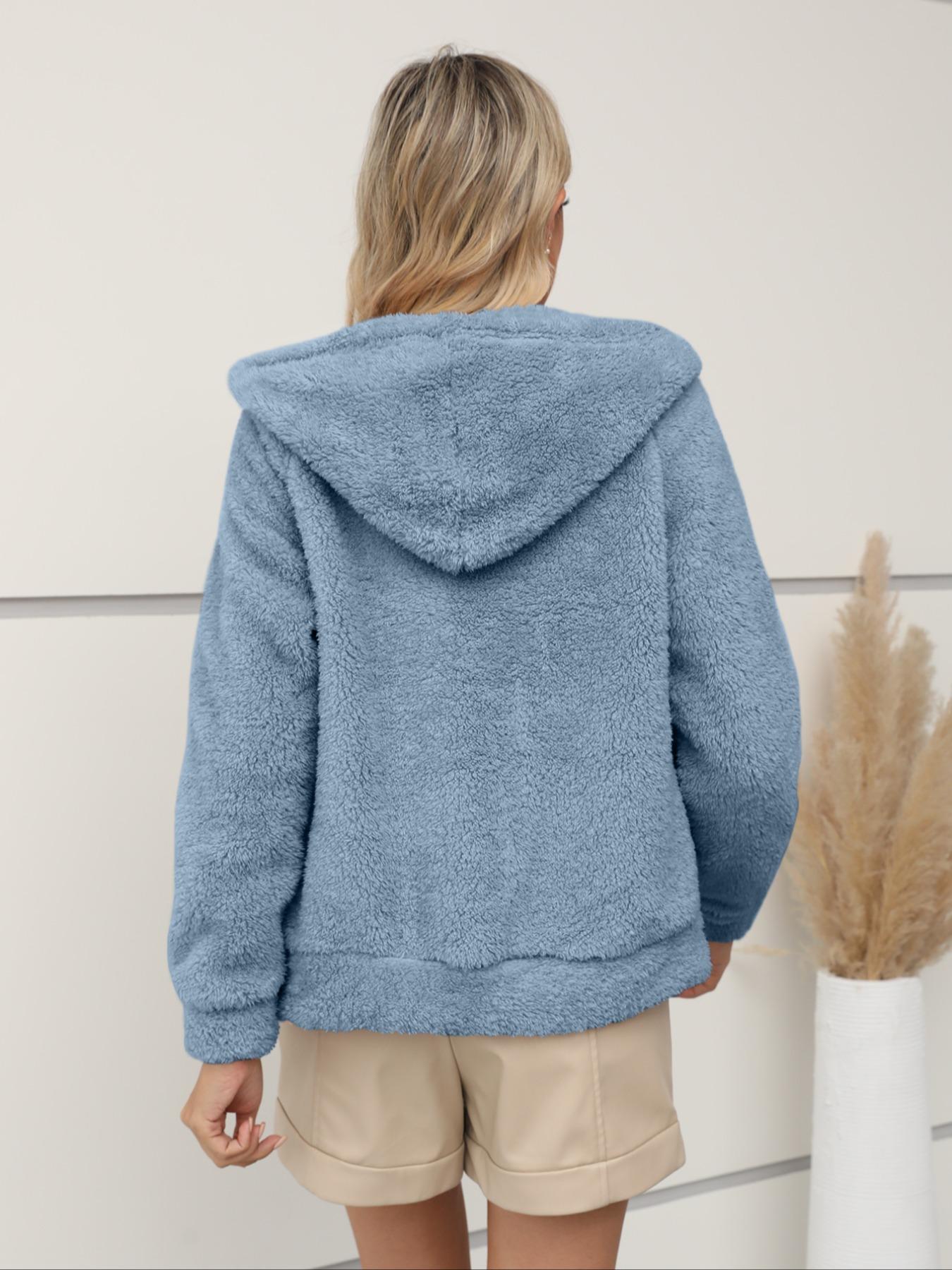 Women's Hooded Plush Jacket with Pockets & Drawstring, Solid Casual Fitted Zipper Outerwear for Spring Autumn Winter All Seasons