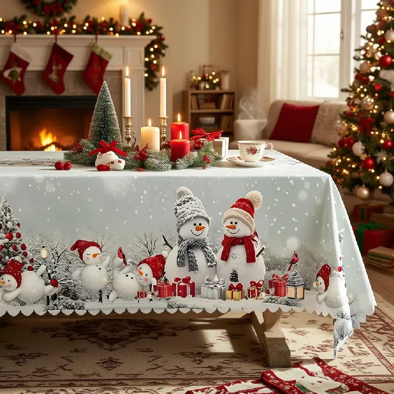 Christmas Snowman Gnome and Red Gift Printed Tablecloth for Winter Dining Room Decor polyester, washable, clearance sale