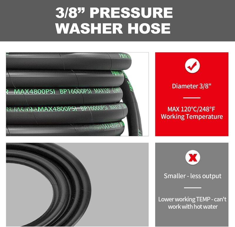 3/8"  Washer Hose 50 FT for Cold and Hot Water Max 248F with Quick Connect, 4800psi Kink Resistant Industry Grade Steel Wire Braided Synthetic Rubber Jacket with 2 M22 14mm Adapter Set