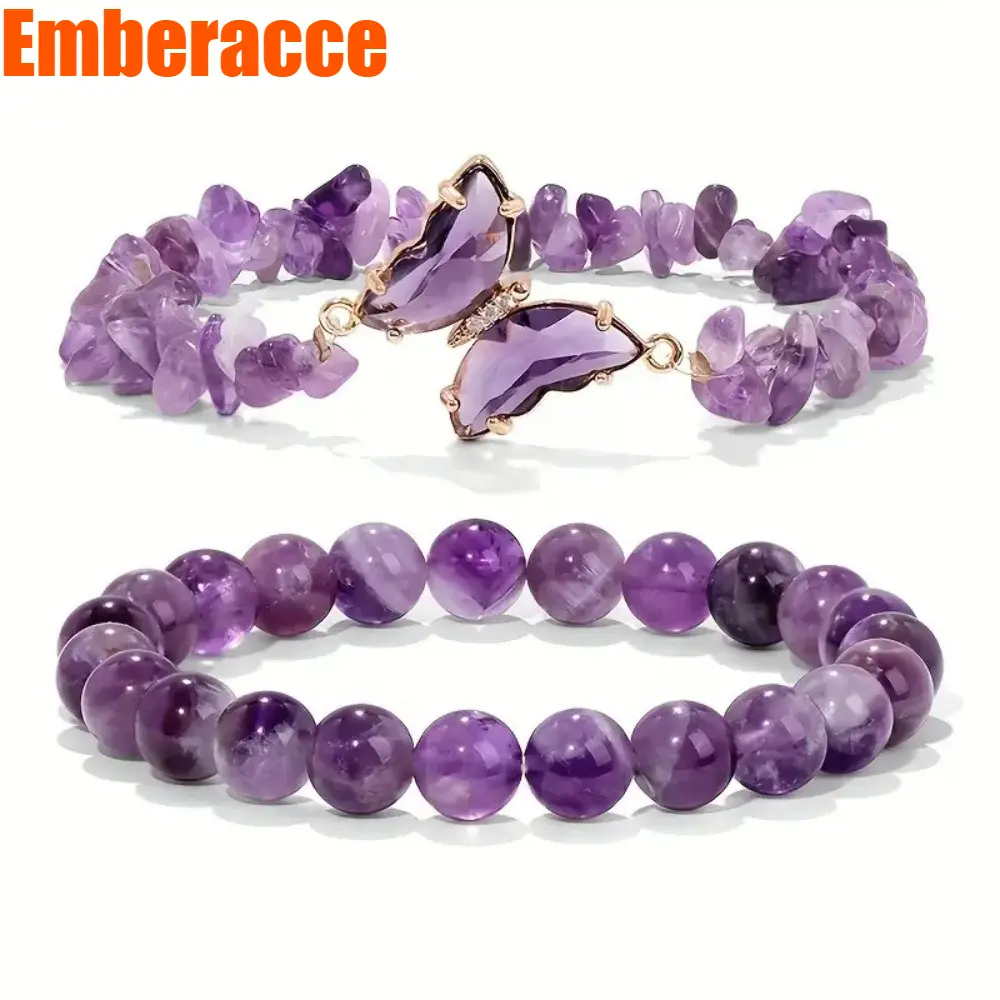 Purple Butterfly Bracelet for Women, Beaded Butterfly Jewelry with Natural Stone Beads, Stretch Adjustable Bracelet, Cute Everyday Accessory, Birthday Gift for Women & Girls