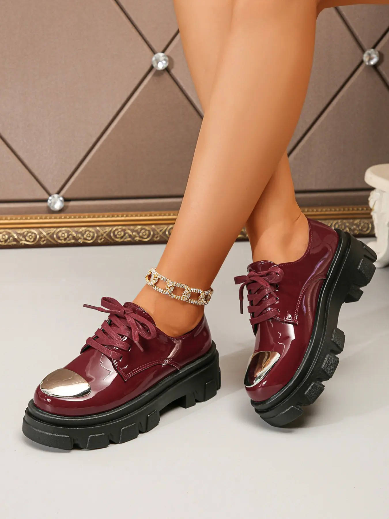 Women's Thick Sole Lace-Up Derby Shoes, PU Leather, Rubber Sole, Low Ankle, Solid Pattern, All Seasons, British Style, Jk, Lolita, Oxford Shoes