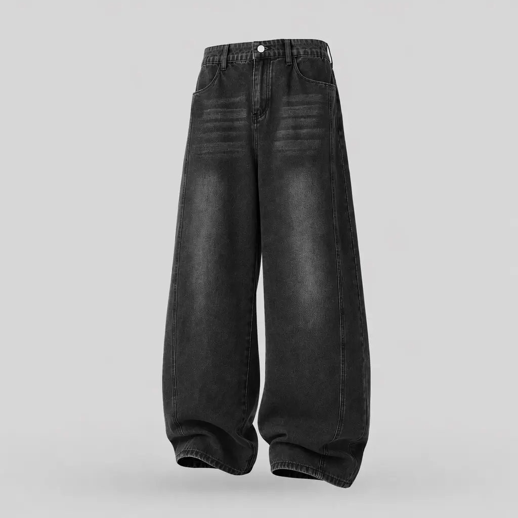 Men's Mid-Rise Vintage Sand Faded Black Jacquard Denim Jeans - Aesthetic, Natural Fabric, Stitch Detailing, Subtle Embossed Texture, Baggy Wide Leg, Zipper Closure - Streetwear Trousers for City Campus Skate Daily Outfits (Pair with Sneakers)