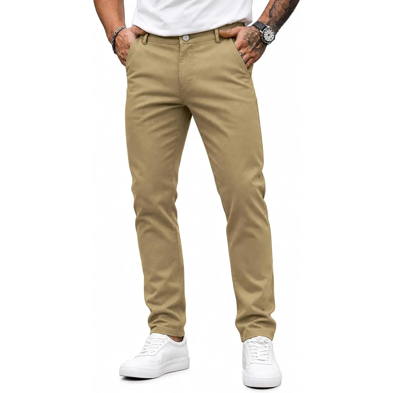 HUNGSON Mens Chinos Dress Pants Slim Fit Stretch Business Casual Golf Work Slacks Trousers Menswear Beige