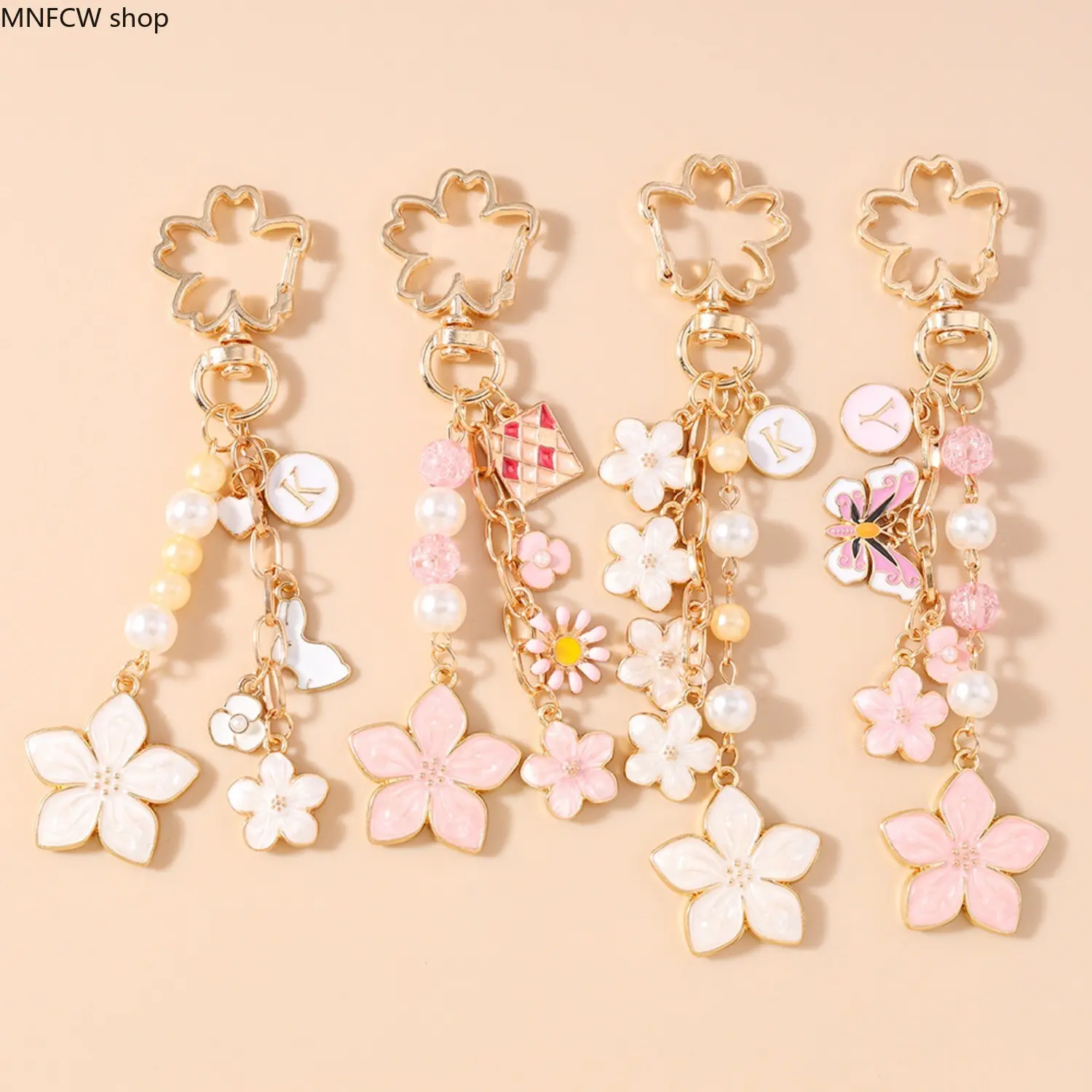 Enamel Sakura Flower Keychain - Gold Ring with Pink Pearl Beads Pendant, Women's Bag Charm, Birthday Gift for Fashion Accessory Enthusiasts