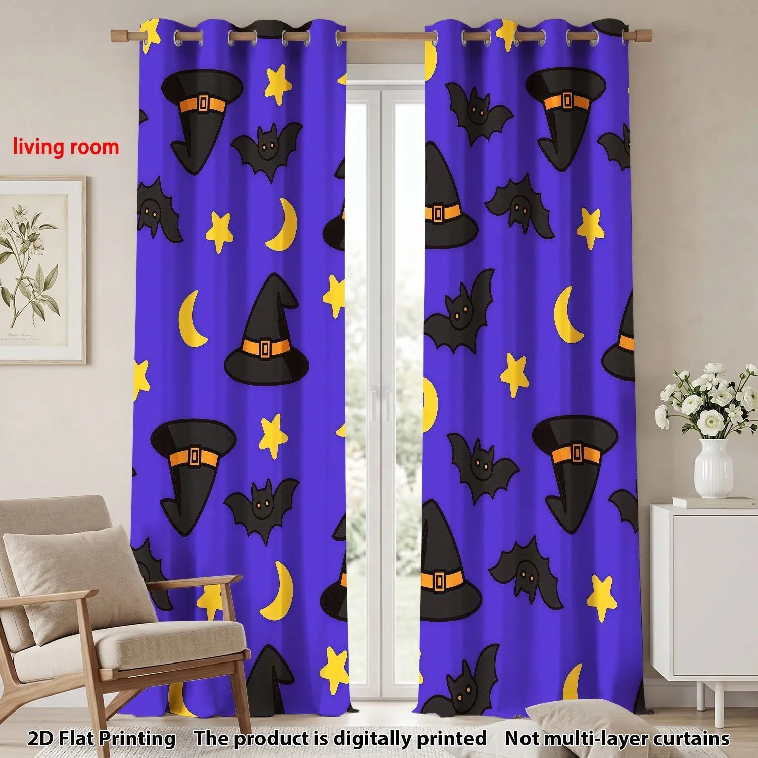 2-Pack Witch Hat Bat Moon Print Curtains, Halloween Theme 100% Polyester, Room Decor for Bedroom Living Room, Party Decoration