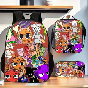 Rhythm Box red background hand-drawn monster print three-in-one set backpack, large shoulder bag, portable lunch tray, stationery organizer, suitable for young game enthusiasts
