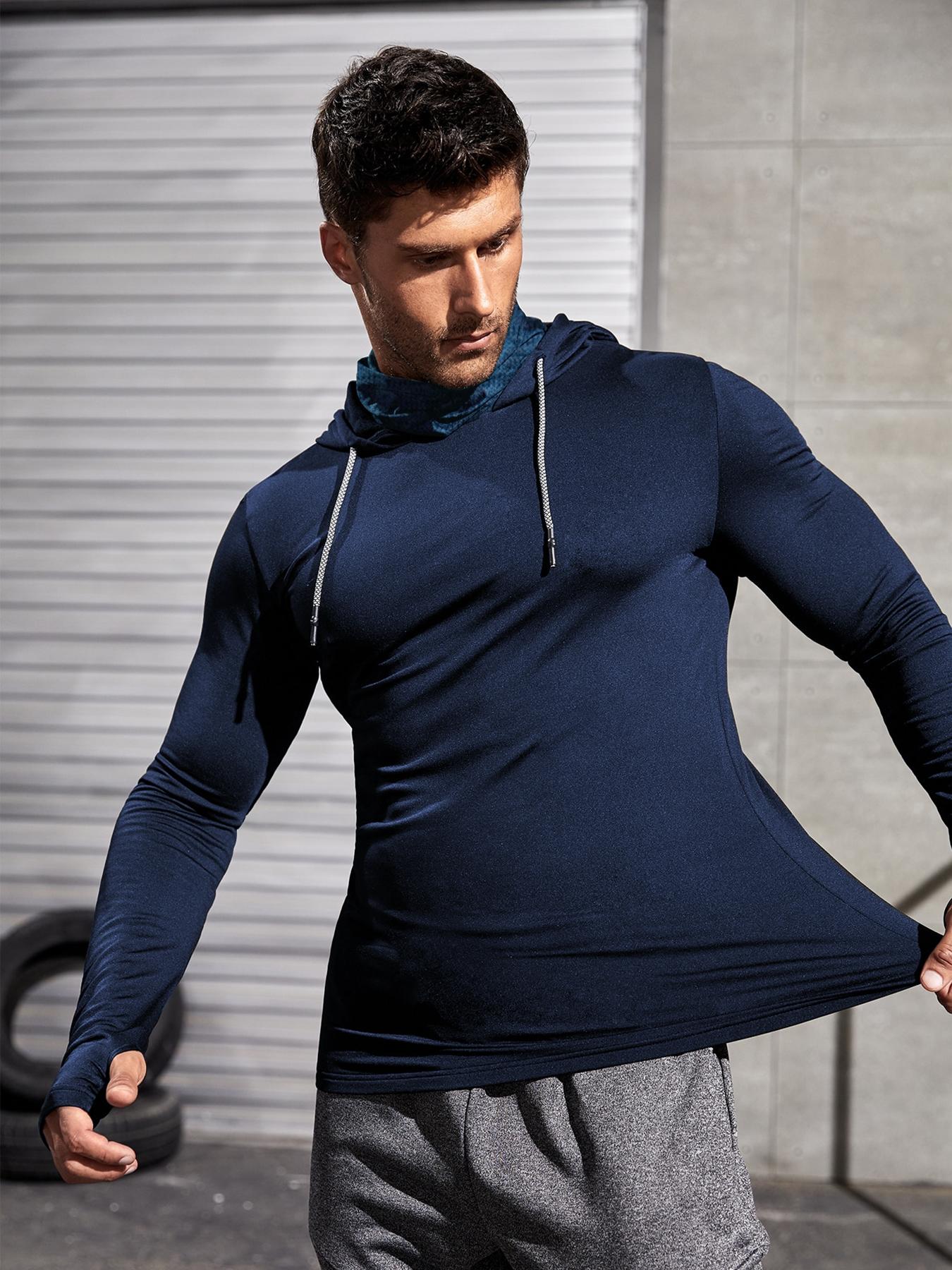 Men's Slim Letter Print Thumb Hole Long Sleeve Sports Rashguard, Casual Drawstring Hooded Sports Top for Spring & Fall, Men's Sportswear Clothing for Daily Wear, National Day Offers Men's Slim Letter Print Thumb Hole Long Sleeve Sports Rashguard, Casual Drawstring Hooded Sports Top for Spring & Fall, Men's Sportswear Clothing for Daily Wear, National Day Offers