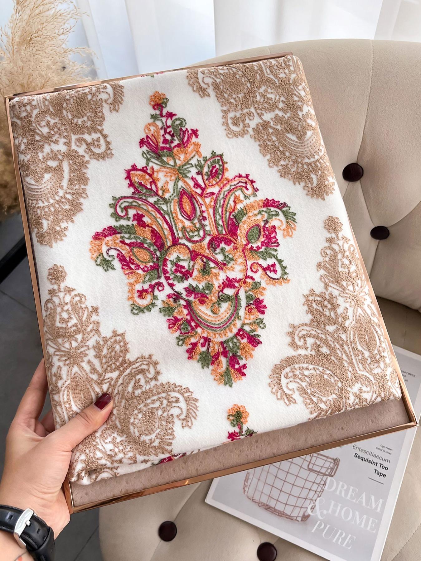 Boho Style Floral & Paisley Embroidery Tassel Decor Shawl, Trendy Casual Soft Warm Double Sided Scarf for Fall & Winter, Fashion Accessories for Women & Men